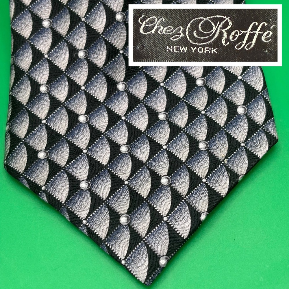 VTG 80s Chez Roffe 100% Silk Necktie Mens Black/Silver Geometric Tie USA Made